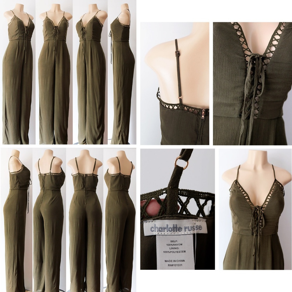 Last☝️Olive Laced Up V Neck Wide Leg Long Jumpsuit - Picture 7 of 8